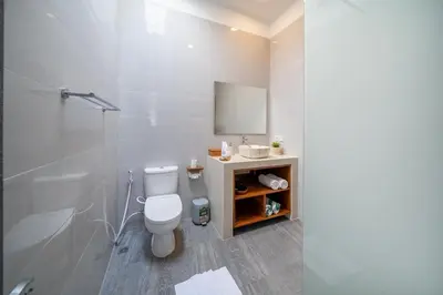 a bathroom with a toilet and a sink and a mirror at Villa Mailaku Seminyak in Seminyak