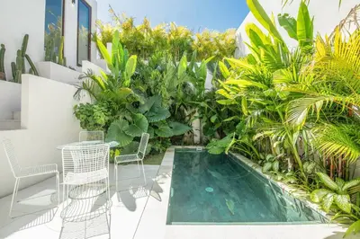 a swimming pool in a garden with chairs and plants at Chic Modern 3BR Villa, Enclosed Living Room in Canggu