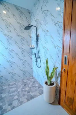 a bathroom with a shower and a potted plant at Villa Radha Seminyak in Seminyak