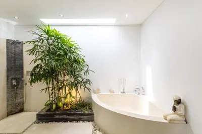 a bathroom with a white tub and a plant at Villa Naema by Pertama Management in Seminyak