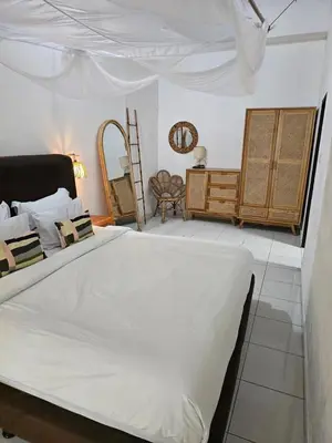 a bedroom with a large white bed in a room at Vina villa in Kerobokan