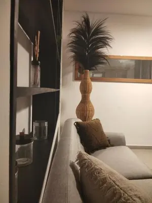 a living room with a couch and a plant on the wall at Amshiga 2 in Jimbaran