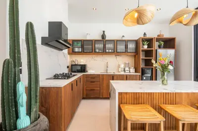 a kitchen with wooden cabinets and a cactus at Villa ADDI 4bedrooms Oberoi in Seminyak