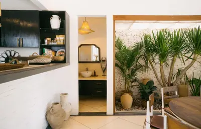 a kitchen with potted plants and a dining room at Splendid 3 BR villa with large pool and garden in Canggu