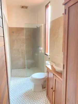a bathroom with a shower and a toilet and a sink at Karna Guest House in Seminyak
