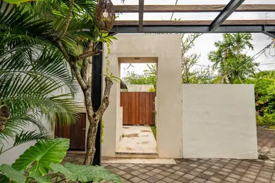 an open door to a house with a palm tree at tuluscolivingseminyakvilla3 in Seminyak