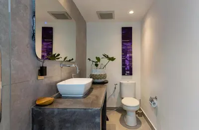 a bathroom with a sink and a toilet at Three Bedrooms Elegant Home The White Door Villa in Sanur