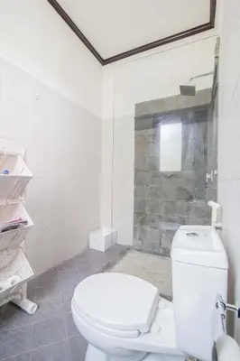 a bathroom with a white toilet and a shower at Villa Marjens 2 Seminyak area Bali in Kerobokan