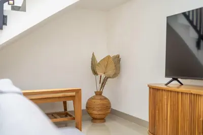 a vase with a plant in it next to a tv at 3BR Pool Villa in Berawa - Walk to Beach & Cafes in Canggu