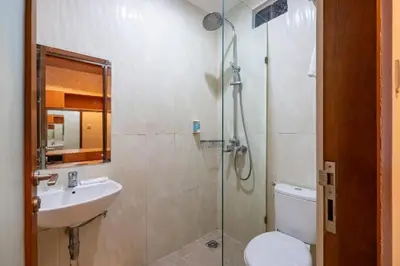 a bathroom with a shower and a toilet and a sink at Cove Vin Stay Petanu in Pesanggaran