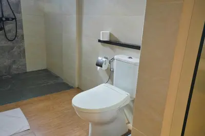 a bathroom with a white toilet and a shower at Luxury Villa 3br 5min to Seminyak beach in Seminyak