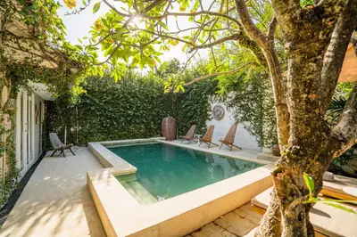 a swimming pool with chairs and a tree at Anam Khaya - Brand New Villa, Walk to Seminyak Beach in Seminyak