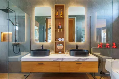 a bathroom with two sinks and a shower at Luxury Resort of 4 villas 11 BR Seminyak in Seminyak