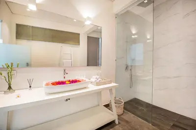 a bathroom with a sink and a shower at Villa Shankara 1 in Canggu