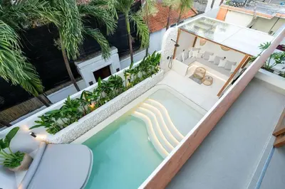an overhead view of a house with a swimming pool at 2BR Modern Mediterranean Villa Near Nook in Badung
