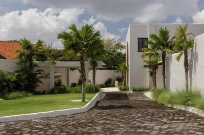 a house with palm trees in front of a driveway at Lavanya Villa Berawa beach in Canggu