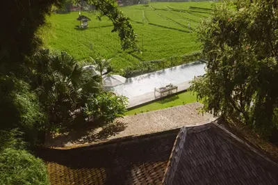 an overhead view of a swimming pool in a field at Magia de Uma, a Member of Design Hotels in Canggu