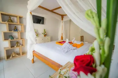 a bedroom with a white bed with a canopy at Kubusawah Guest House in Seminyak