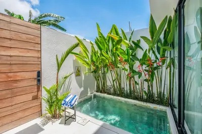 a swimming pool in a backyard with plants at Layur Villa in Canggu