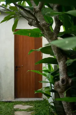 a wooden door with a tree in front of it at De Awan Villa in Kerobokan