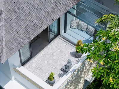 an overhead view of a patio with potted plants at Villa Meya 3 Bedroom Villa in Central Seminyak in Seminyak
