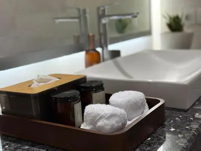 a tray with toiletries in front of a sink at Villa Jiwanta by Maheswara in Kerobokan