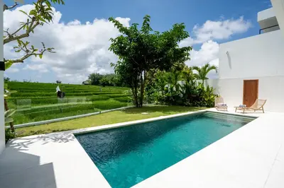 a swimming pool in the backyard of a house at Villa Rice Kerobokan in Kerobokan