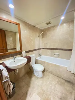 a bathroom with a sink and a toilet and a bath tub at The Coastal Apartment at Jayakarta Residence in Seminyak