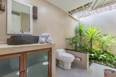 a bathroom with a sink and a toilet and plants at Villa Sarah 4 chambres près de la plage Oberoi Seminyak in Seminyak