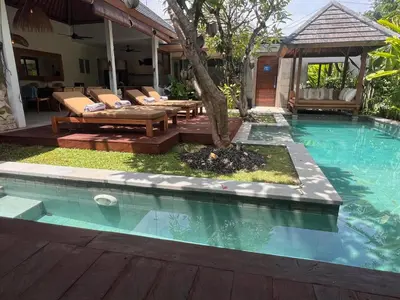 a swimming pool with a bench and a tree next to a house at villa Pacha 2 in Seminyak