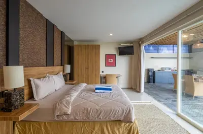 a bedroom with a large bed and a kitchen at Springleaf Villa in Nusa Dua
