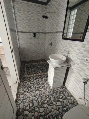 a bathroom with a shower with a sink and a toilet at sari uma in Seminyak