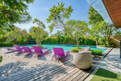 a group of purple chairs sitting next to a swimming pool at 3 Bd Pvt House with big common pool and Gym & BBQ in Nusa Dua