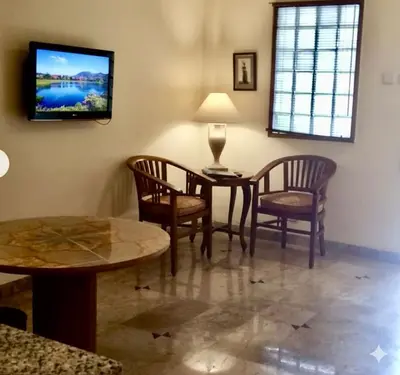 a living room with a table and chairs and a tv at Jayakarta Service Apartments in Seminyak