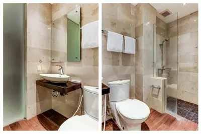 two pictures of a bathroom with a toilet and a sink at Collection O Legian Near Pantai Kuta Formerly Premium Legian in Legian