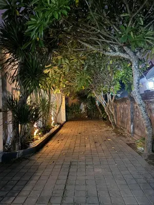 a walkway lined with trees and plants at night at Coastal Bliss Private 2BR Pool Villa Jimbaran in Jimbaran