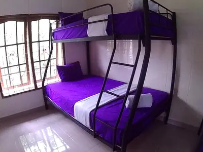 a bedroom with two bunk beds with purple sheets at 24/7 Bed & Breakfast in Jimbaran