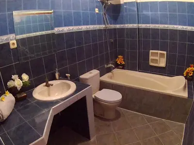 a bathroom with a toilet and a tub and a sink at 24/7 Bed & Breakfast in Jimbaran