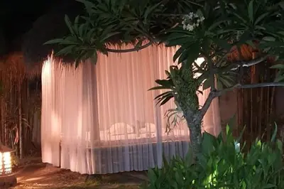 a bed with a white curtain and a palm tree at Elegant oasis between Canggu and Seminyak in Kerobokan