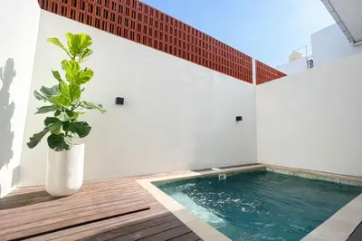 a swimming pool in a room with a potted plant at Private Pool Villa Near Uluwatu in Jimbaran