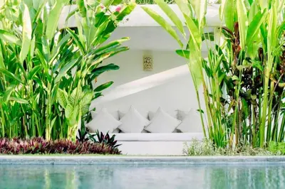 a white couch in between plants near a swimming pool at Yelena Spacious 3 BR Private Pool Villa in Canggu