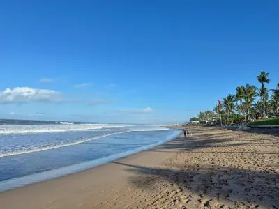 a sandy beach with palm trees and the ocean at Private Room, 2 Minutes walk to KuDeTa Beach Seminyak in Seminyak