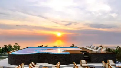 a rendering of a resort pool at sunset at THE SAND Suites & Villas in Ngurah Rai International Airport