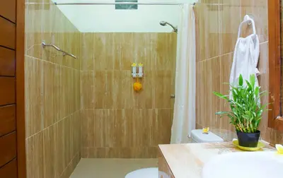 a bathroom with a shower and a toilet and a sink at Villa Sammy in Seminyak