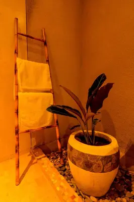 a potted plant in a bathroom with a towel rack at Taman Amertha Villas by Maha Bali in Seminyak