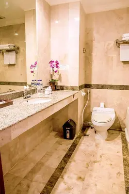 a bathroom with a toilet and a sink at Famous Hotel Kuta Formerly Permata Kuta Hotel in Kuta
