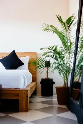 a bedroom with a bed and two potted plants at Villa Soleh in Seminyak