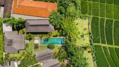 an overhead view of a house with a swimming pool at Villa Alea by Villa Finder in Kerobokan