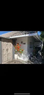 a house with two pots of flowers in it at Villa Giulia in Seminyak