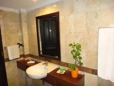 a bathroom with a sink and a mirror and a plant at Private Apartments at Jayakarta Resort in Legian